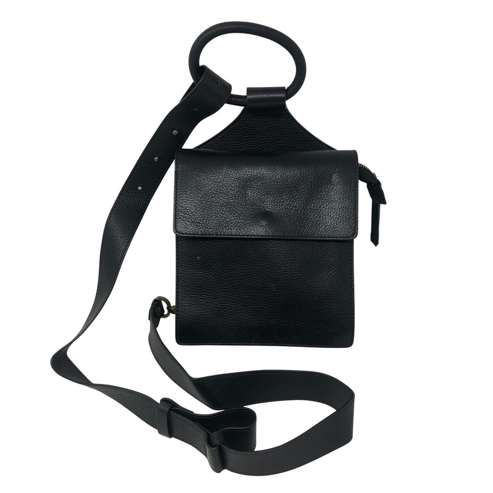 Sundance Crossbody Bag Black Pebbled Leather Ring Handle Adjustable Strap